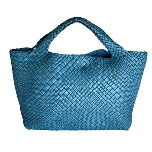 FALOR Woven Tote Bag Large Blue Leather